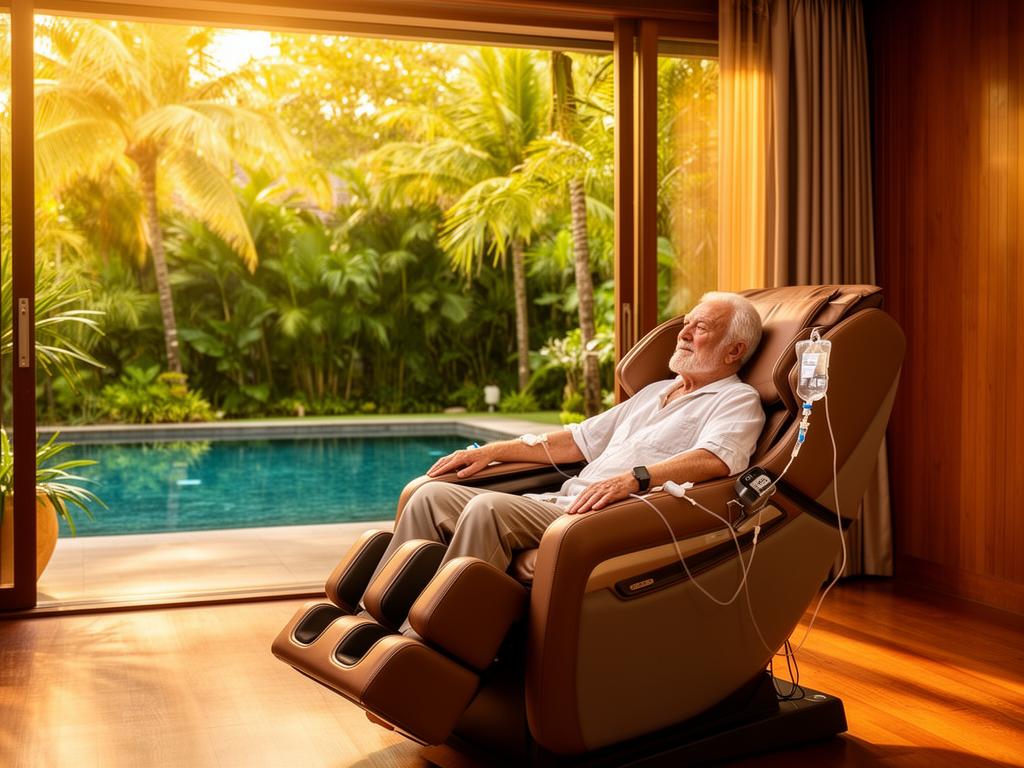 Exosome IV Drip Therapy Bangkok — Man relaxing with IV in tropical setting