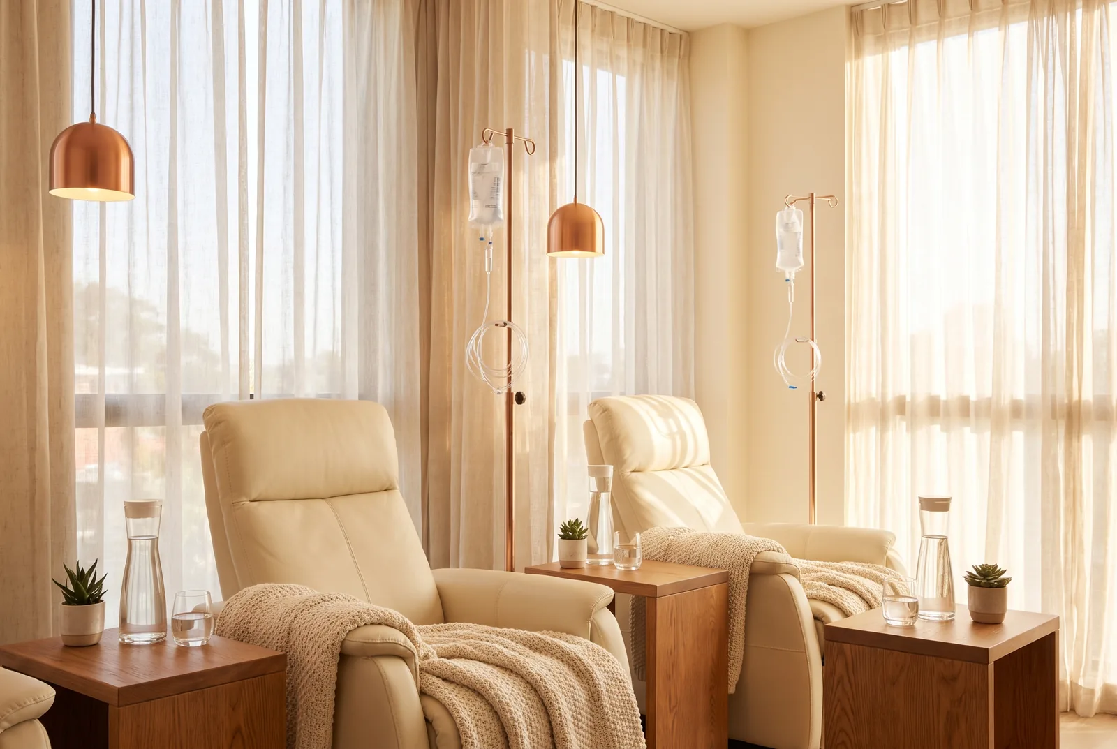 Two cream reclining chairs with IV drip stands in a bright recovery lounge