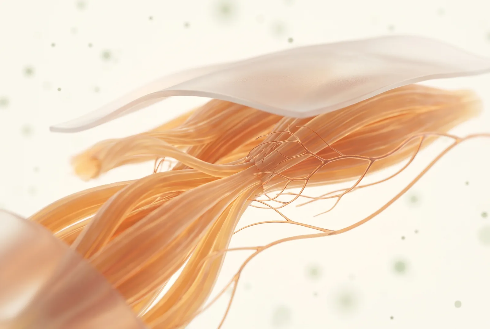 Glowing muscle fibres meeting a branching nerve ending in a stylised scientific render