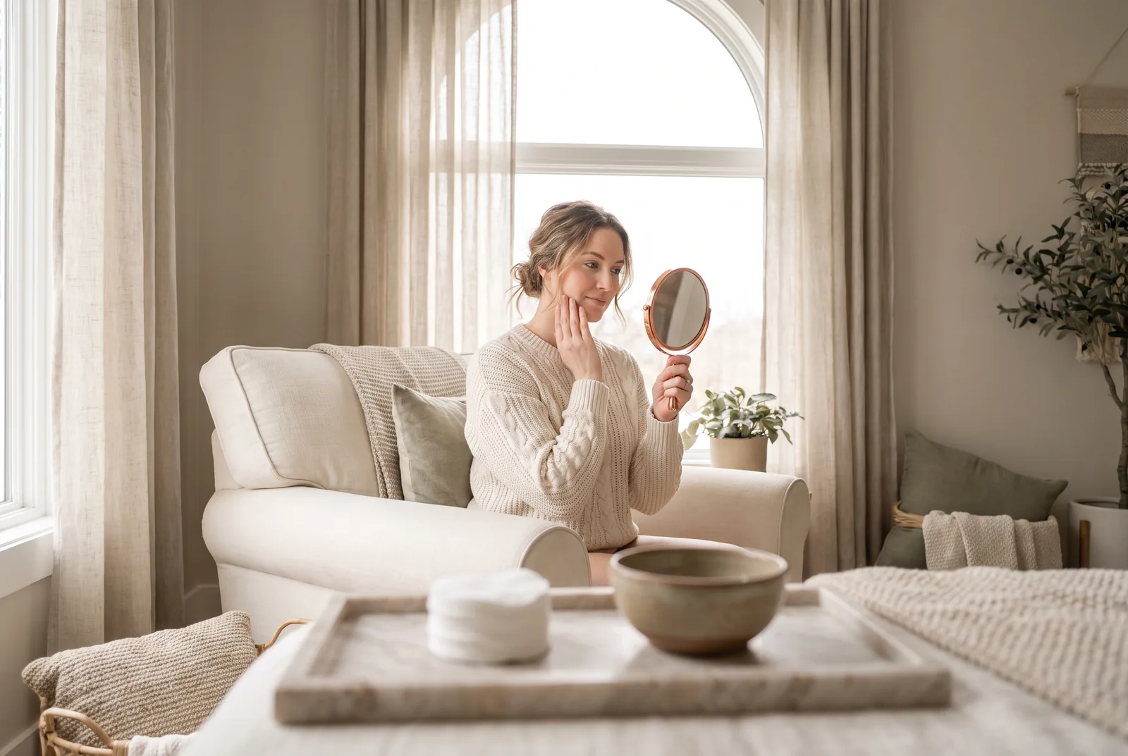 Guest in a cream armchair by a sunny window holding a small hand mirror