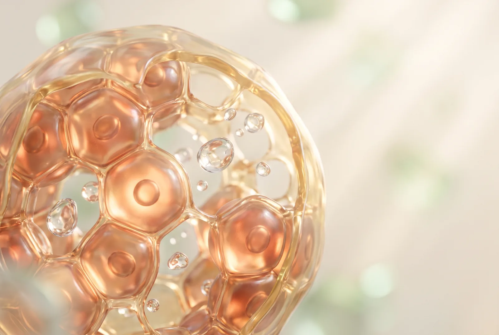 Structure lumineuse de tissu hépatique avec des gouttelettes d'eau en suspension dans un rendu scientifique stylisé