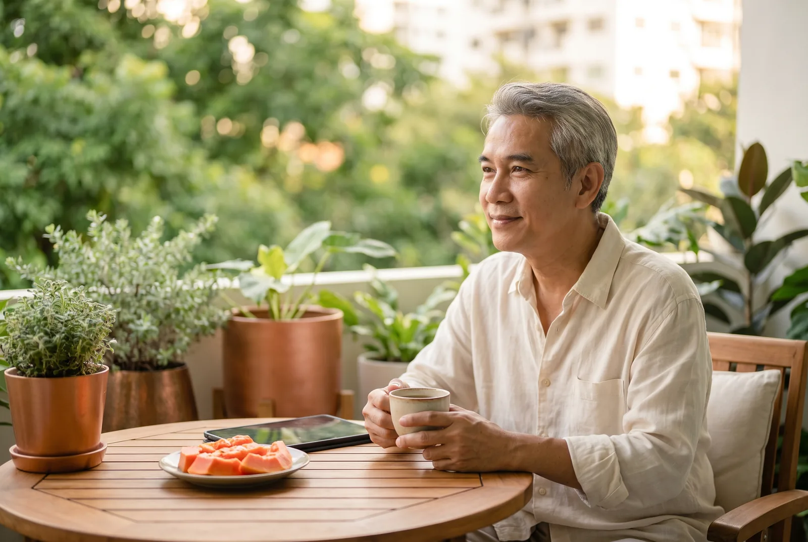 Thai man in linen shirt enjoying tea on a bright Bangkok terrace