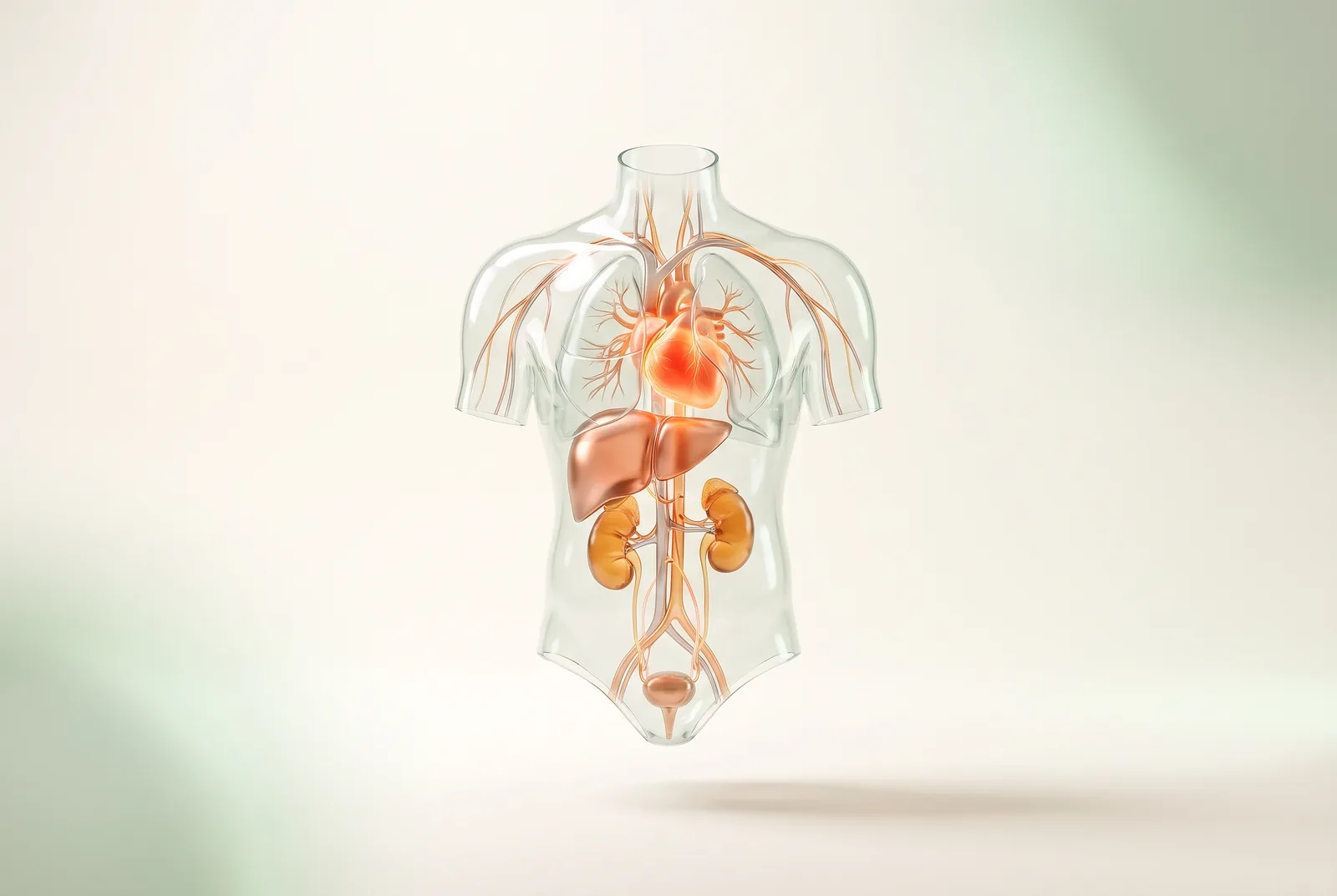 Translucent glass torso with glowing copper organ networks on cream background