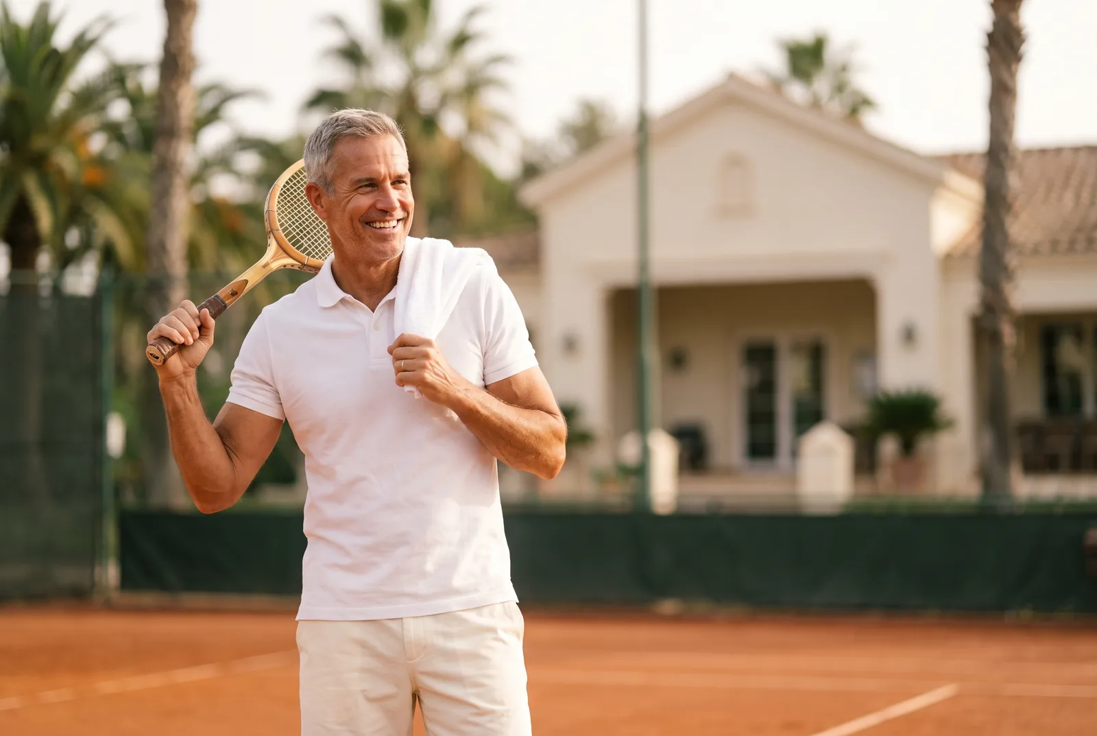Fit older man holding a tennis racket on a sunny clay court