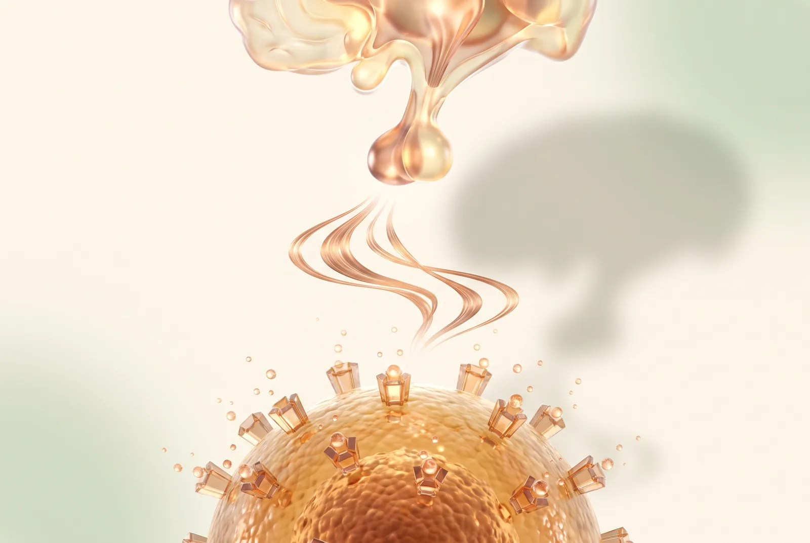 Glowing signal streams reaching a cell surface with receptors on cream background