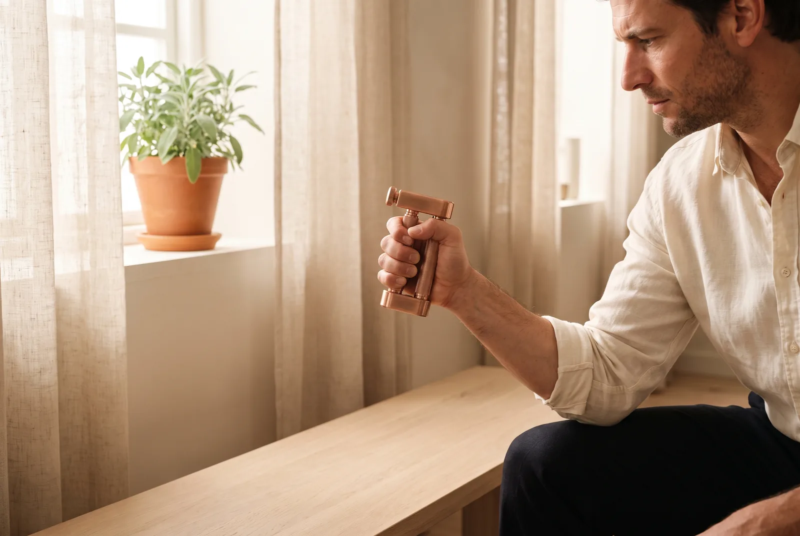 Man testing grip strength with a handheld device in a bright room