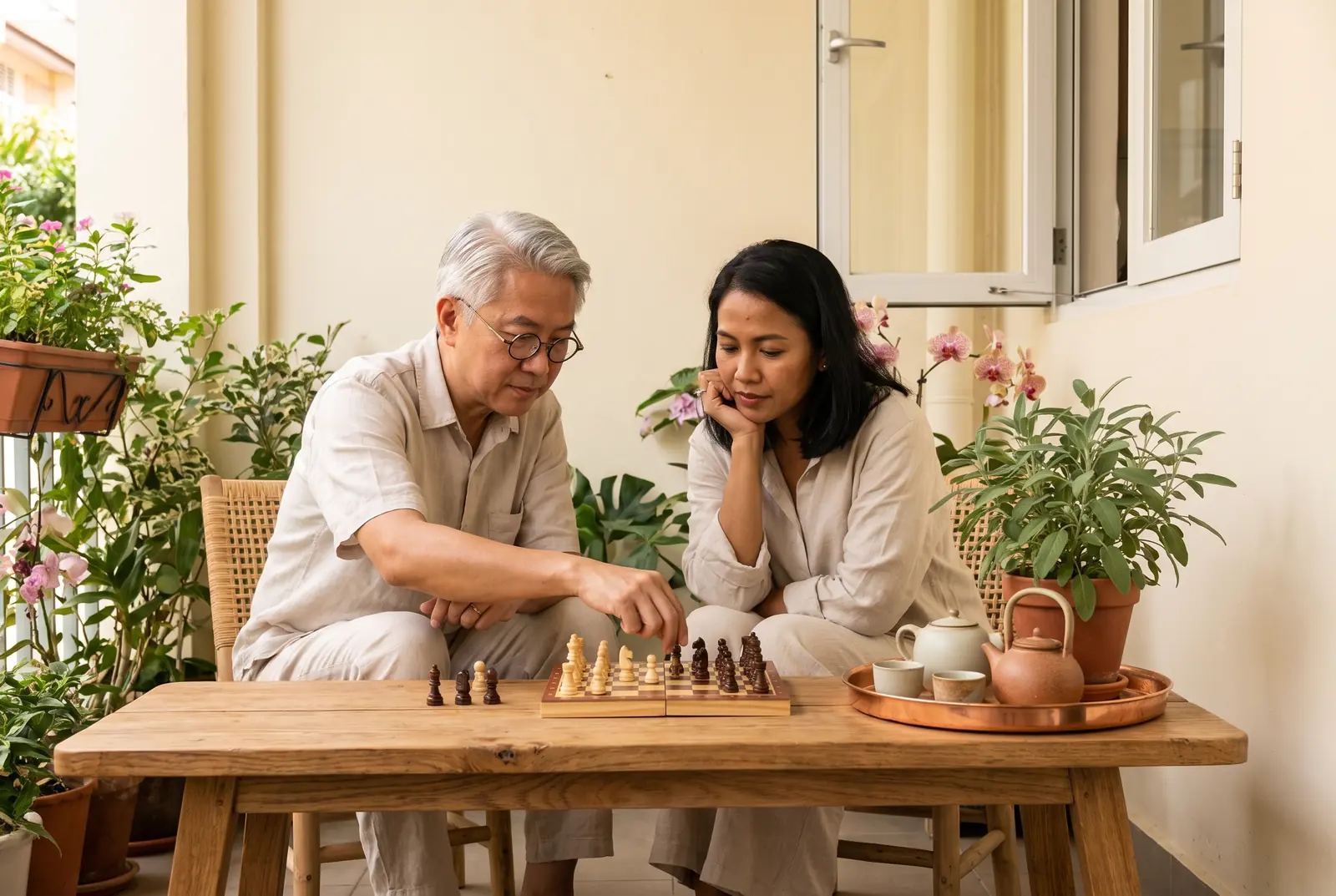 Two mature guests playing chess at a table on a bright garden veranda