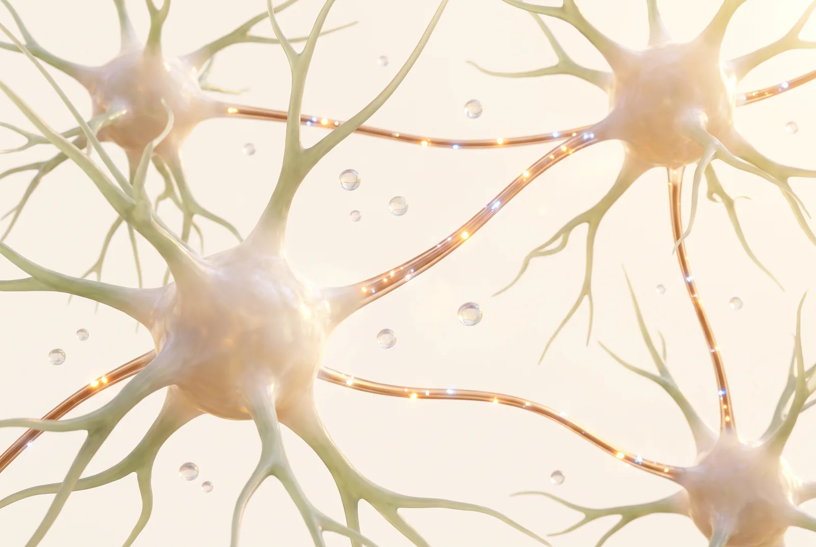 Luminous render of connected neurons and synaptic sparks on a light cream background