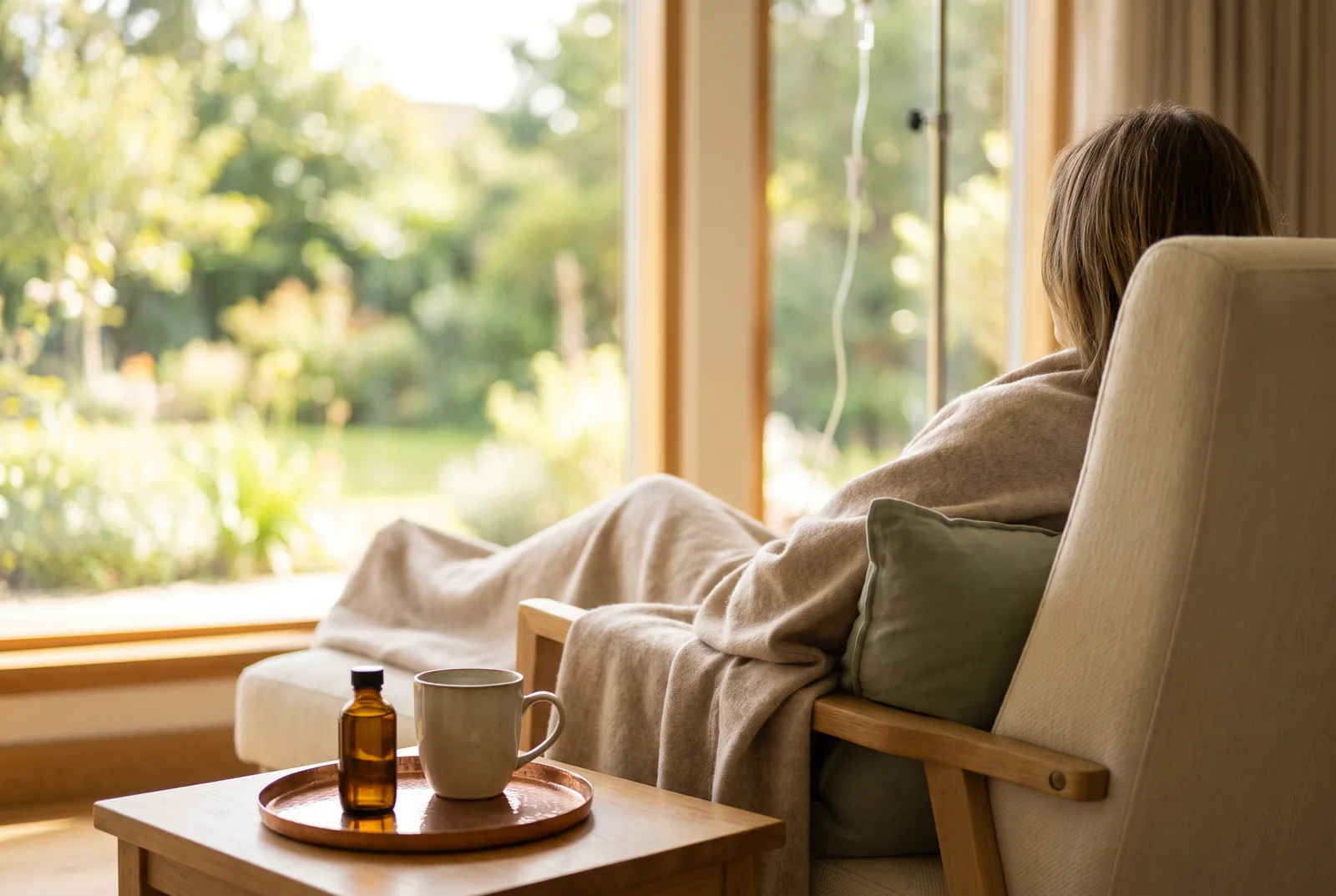 Guest relaxing in a cream lounge chair looking out at a garden