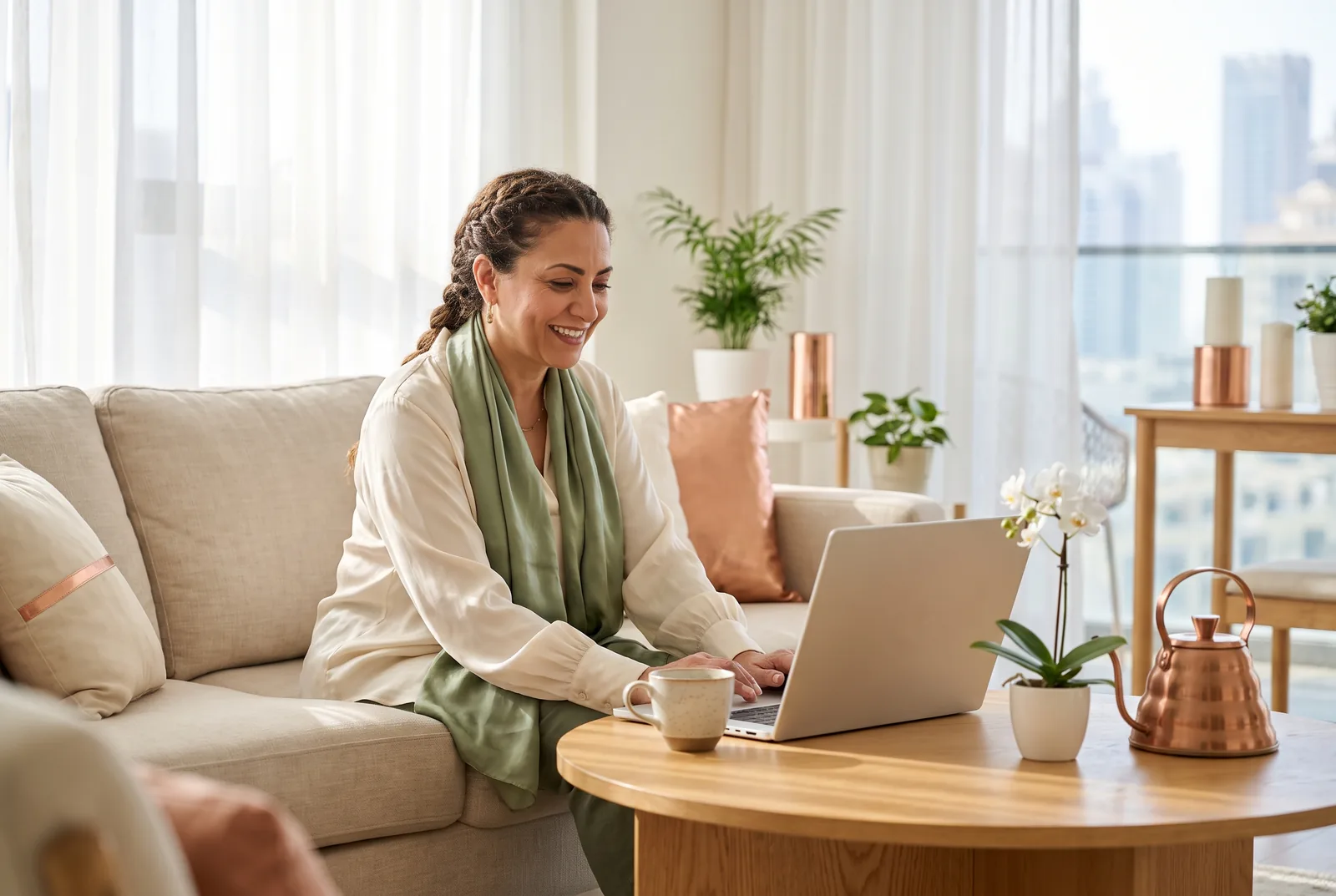 Woman smiling at a laptop on a sunlit living room sofa