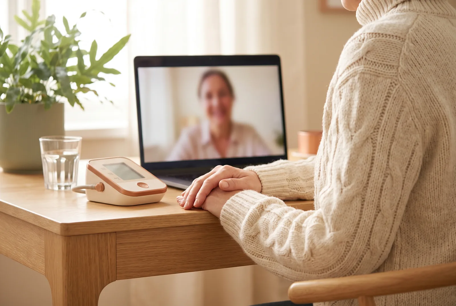 Guest at a bright home desk on a video consultation with a monitor beside