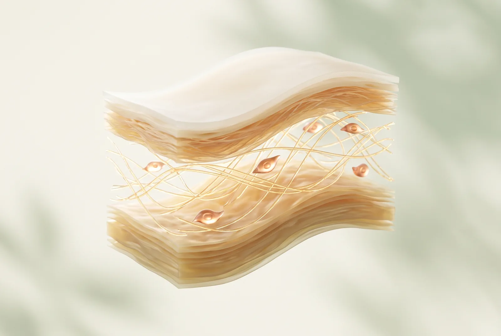 Layered skin cross-section with glowing collagen fibres on cream background