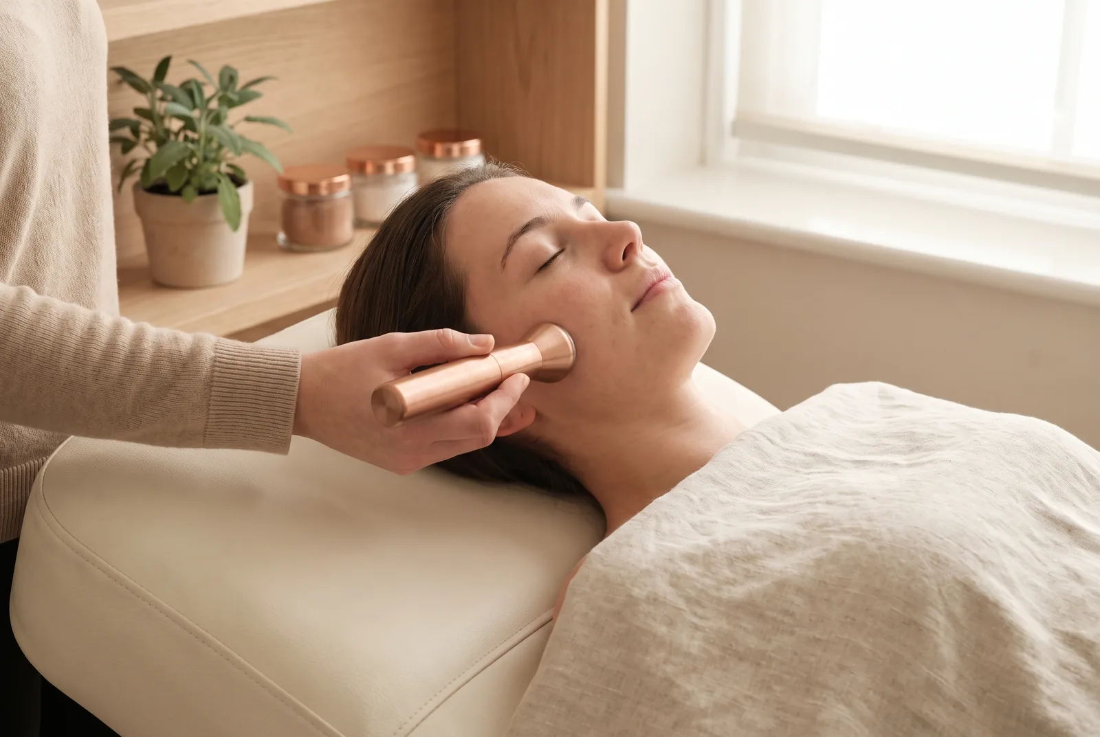 Relaxed guest on a cream lounger with a handheld skin device nearby