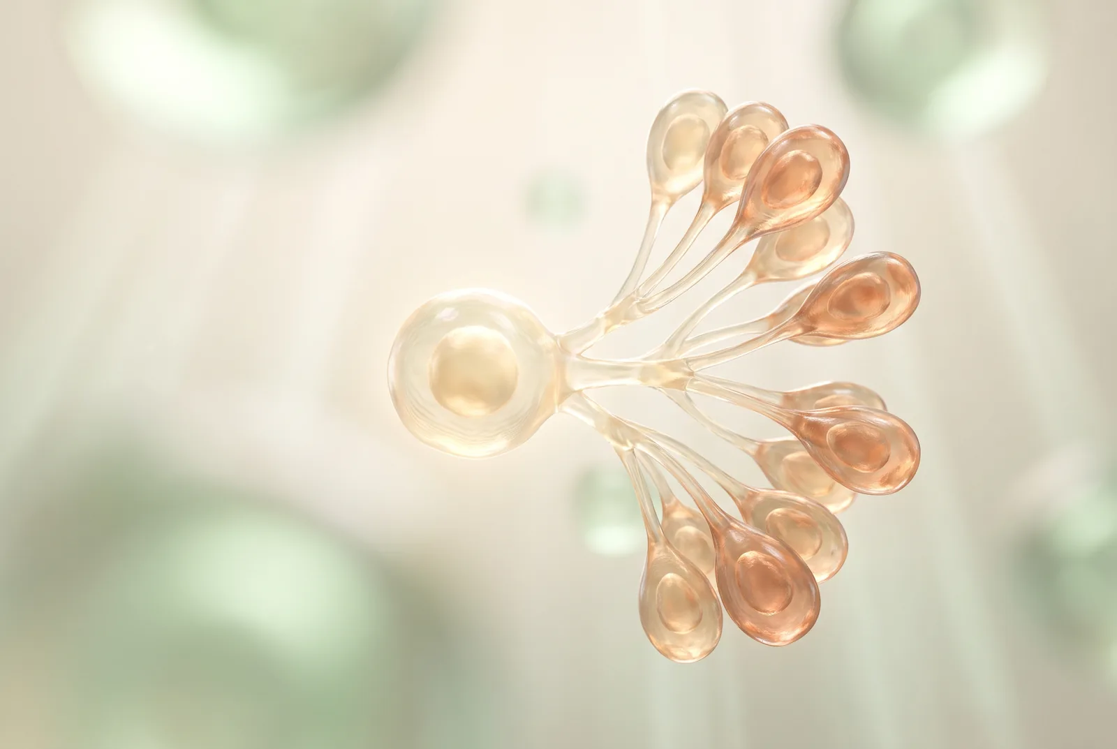 Single glowing cell dividing into a fan of specialised cells on a cream background