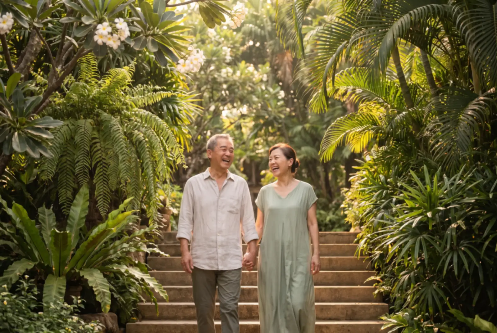Older couple holding hands descending stone steps in a tropical garden