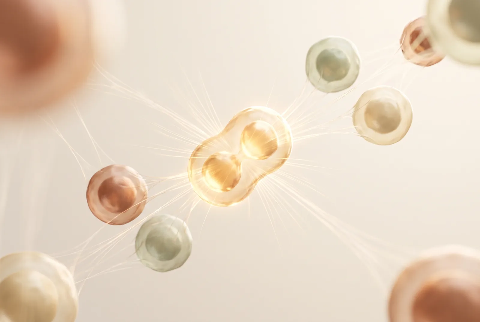 Glowing central cell dividing into varied cell types on cream background