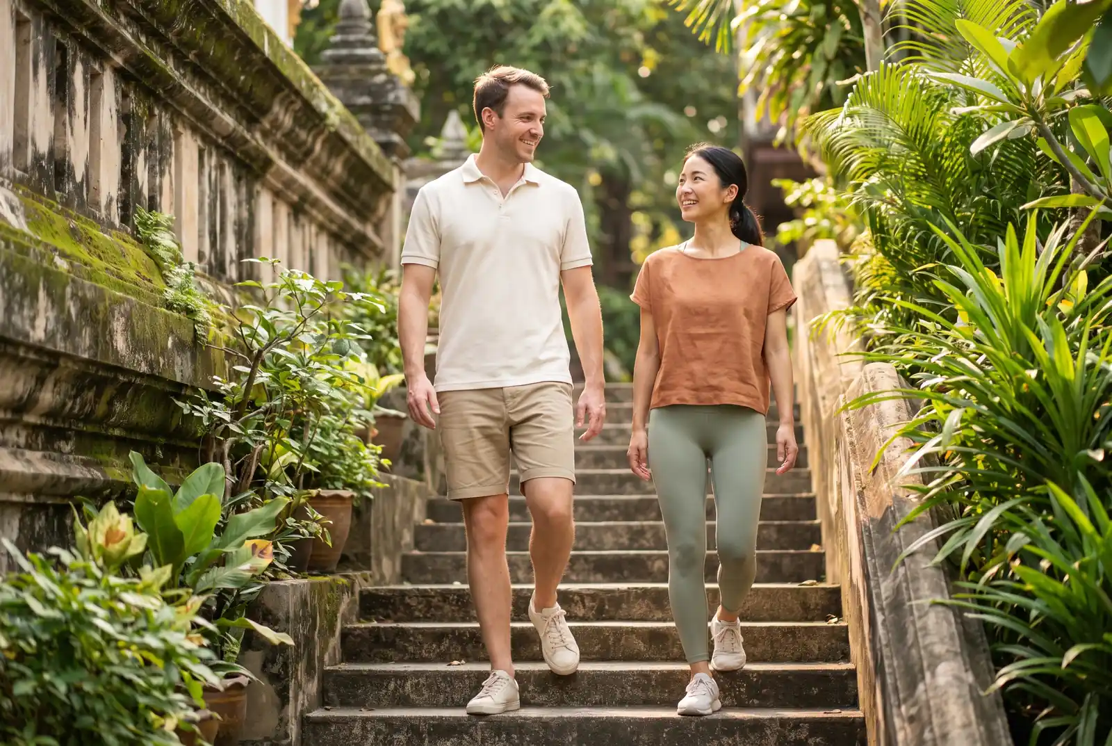 Mature couple walking easily down garden stone steps among greenery