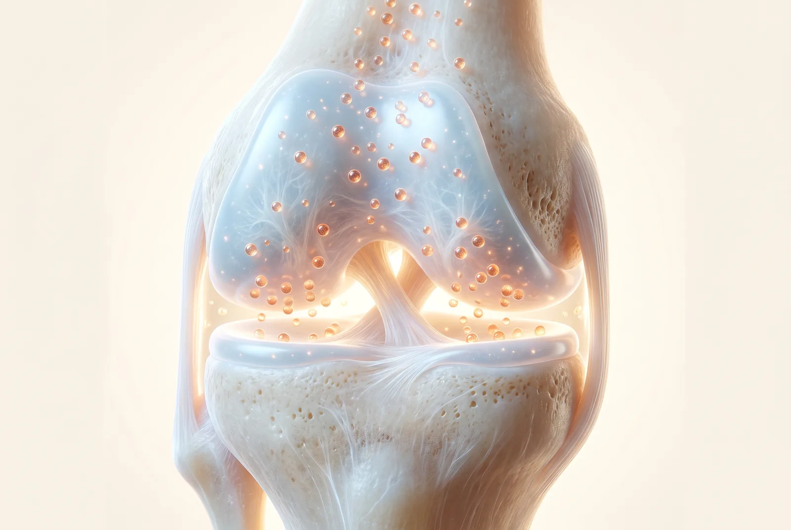 Translucent knee joint with glowing cells across cartilage on a cream background