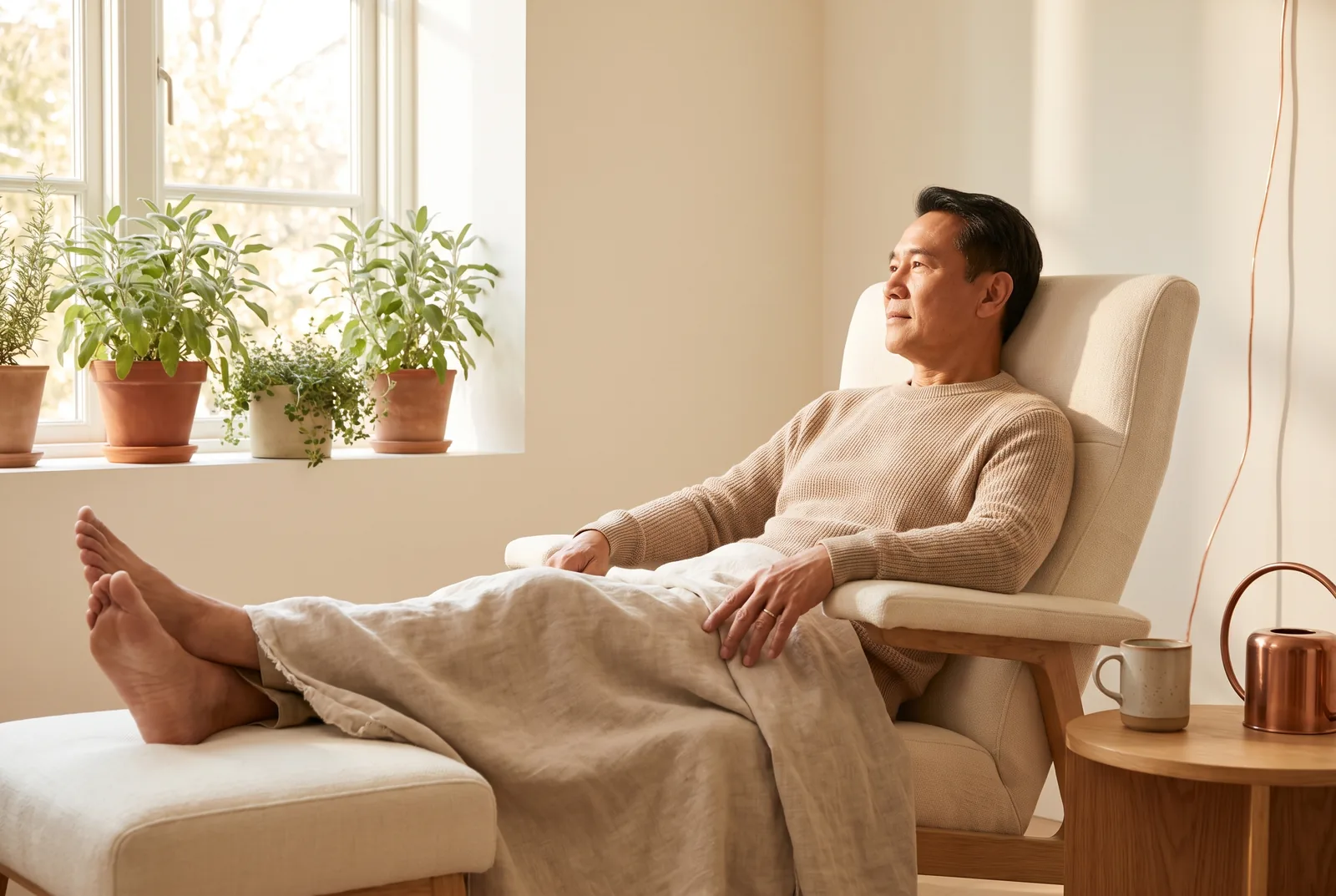 Guest resting in a cream lounge chair with a leg raised beside a sunlit window