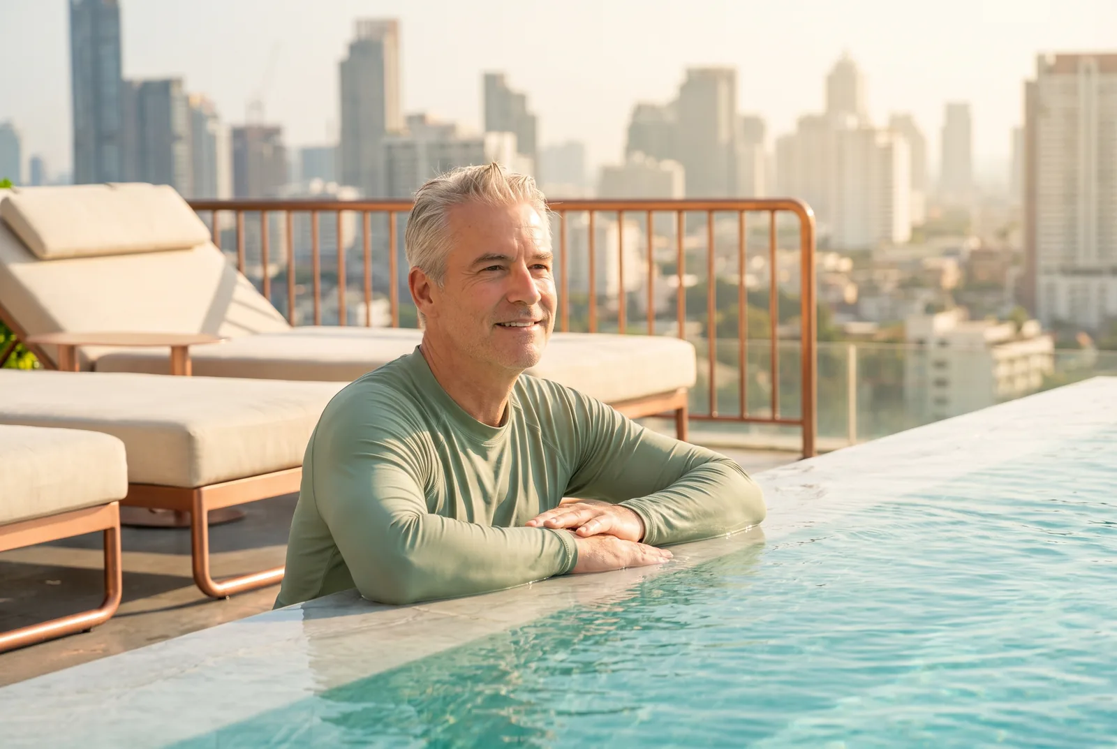 Mature man resting at the edge of a sunlit infinity pool overlooking the skyline