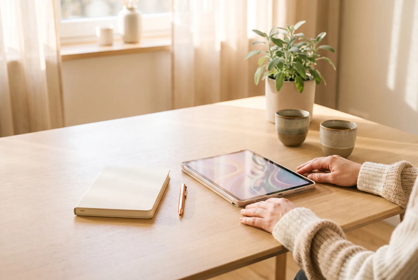 Consultation table with a tablet of abstract charts, tea cups and two relaxed hands